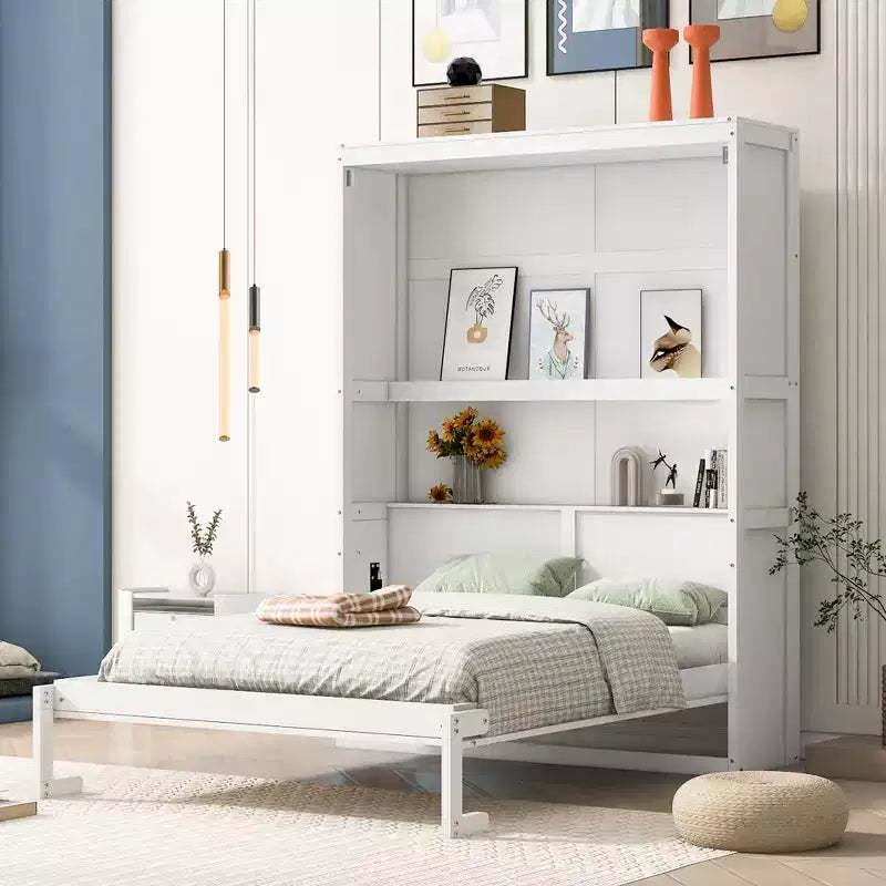 Full/Queen Size Murphy Bed with Shelves, White/Gray, 4A -ModernLuxe