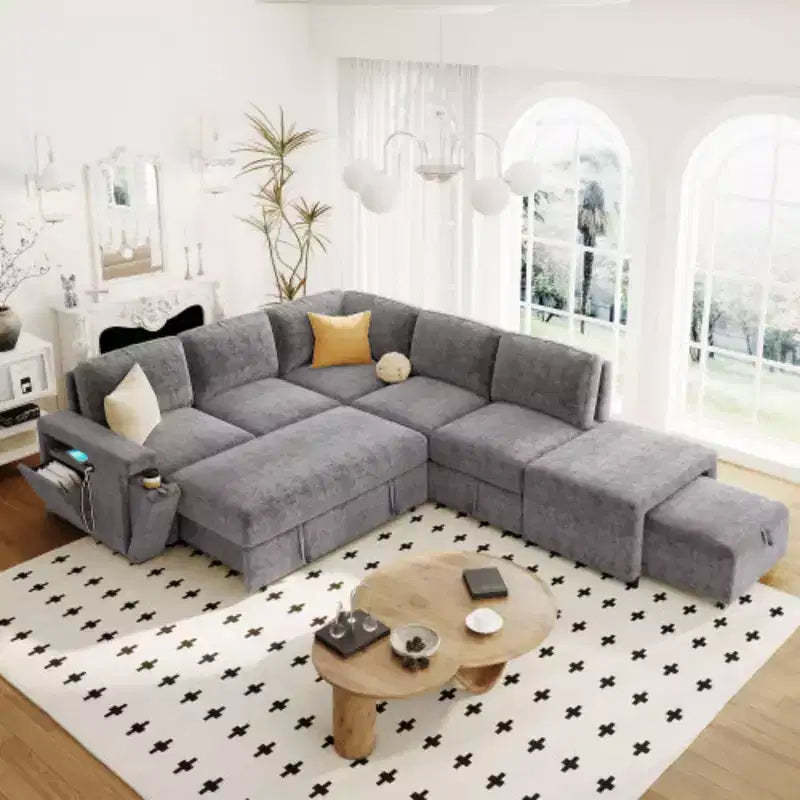 L-Shaped Modular Sofa with Storage, USB Charging, & Cup Holders for Living Rooms & Offices