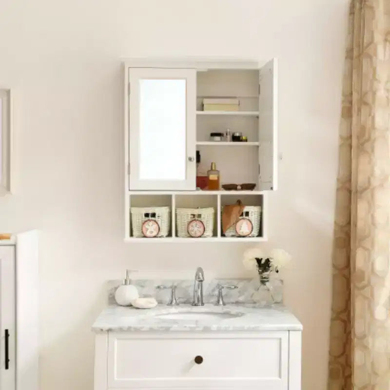 White Wall-Mounted Bathroom Cabinet with Mirror, 2 Doors, 2 Shelves, 3 Baskets
