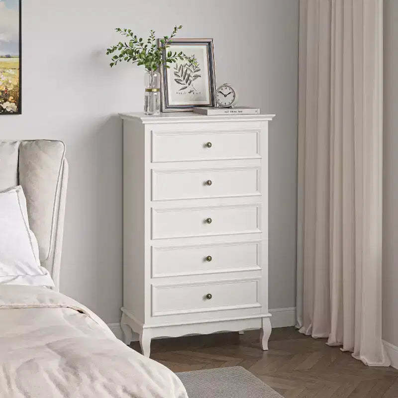 Heynemo Dresser for Bedroom, Modern 5 Drawer Dresser with Solid Wood Legs and Painted Finish, Ideal for Living Room, Nursery, Hallway, Entryway,