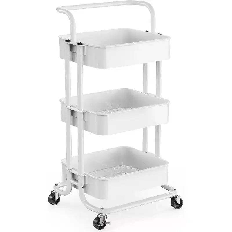 Pipishell 3-Tier Mesh Utility Cart - Rolling Metal Storage Cart with Handle & Lockable Wheels for Kitchen, Living Room & Office, White