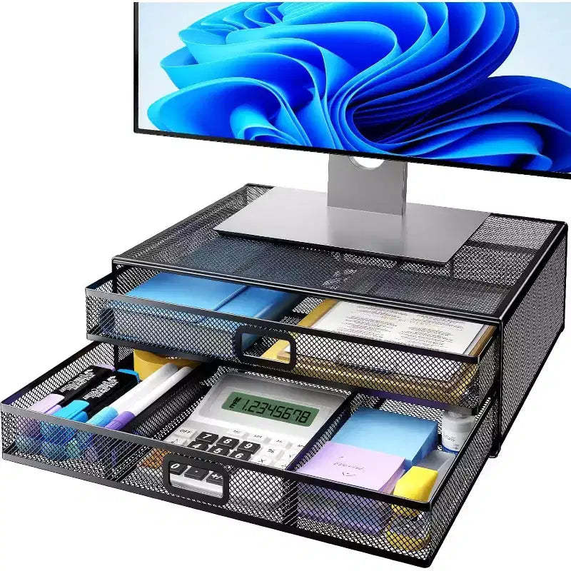 HUANUO 2-Tier Monitor Stand - Metal Riser with Drawer, Desk Organizer for PC, Laptop & Printer Storage, Stylish and Functional Design
