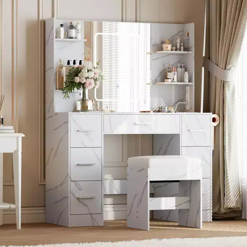 Vanity Desk with Mirror, Led Lights, Power Outlet and Stool, Makeup Vanity Table with 7 Drawers and 6 Storage Shelves