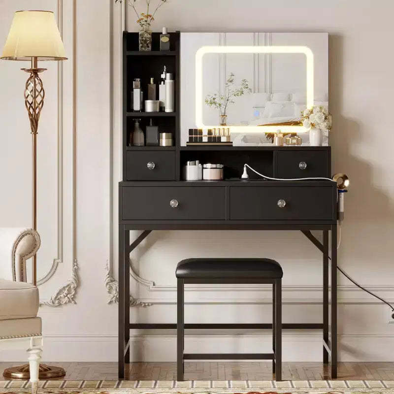 Vanity Desk with Mirror, 3 Adjustable Lighting Mode Makeup Vanity, Modern Dressing Table and Stool with Charging Station