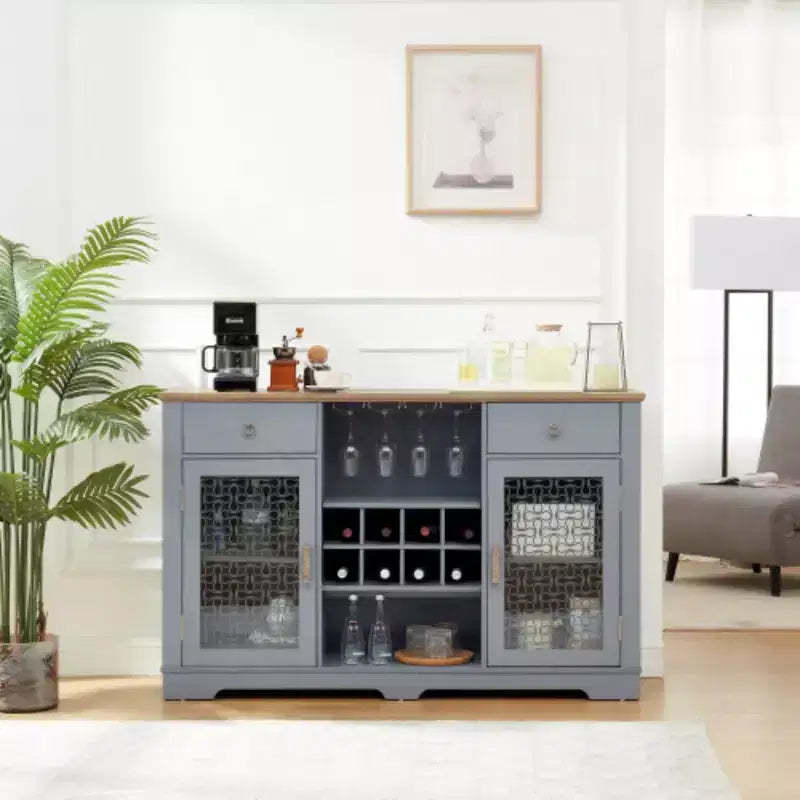 Modern Farmhouse Buffet Cabinet, Sideboard with 2 Drawers and Elegant Glass Door Cabinets, Wine and Glass Rack, Coffee Bar for Kitchen