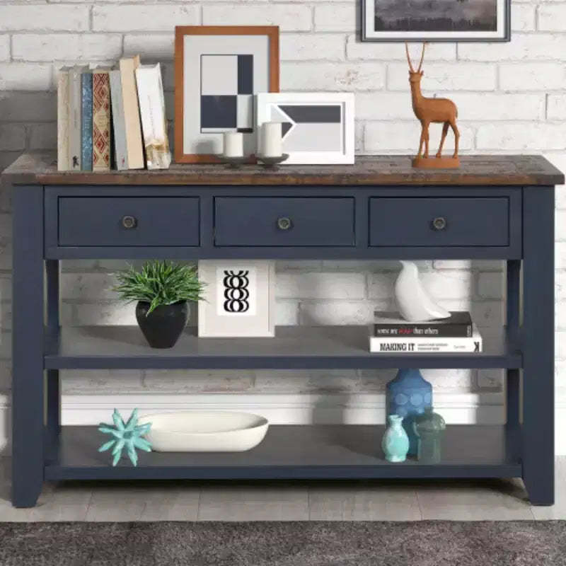 Robust Pine Wood Console Table, Contemporary Entry & Sofa-End Table with Three Drawers and Two Shelves, Simple Assembly