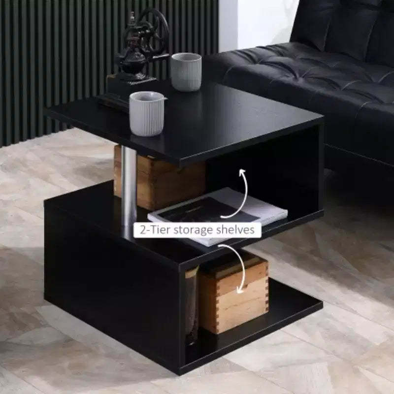 Contemporary End Table, Decorative Side Table, S-Curved Coffee Table with Storage Shelf and Metal Legs, Black