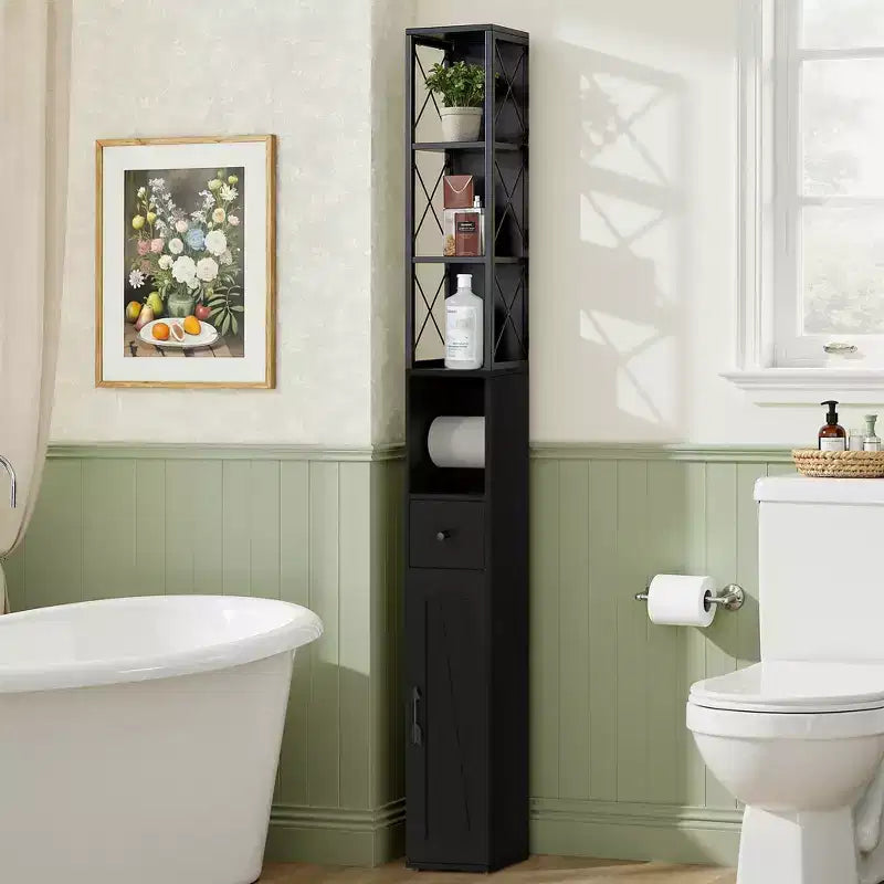 VECELO Tall Bathroom Cabinet with Adjustable Shelves, Slim Storage Cabinet with Toilet Paper Scroll & Small Drawer, Black/White
