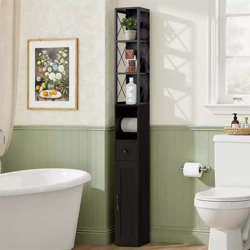 VECELO Tall Bathroom Cabinet with Adjustable Shelves, Slim Storage Cabinet with Toilet Paper Scroll & Small Drawer, Black/White