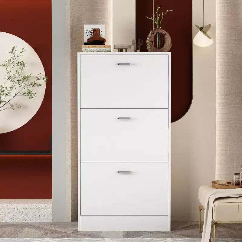 Hitow White Tipping Shoe Cabinet 3-Drawer Minimalist Lightweight Design