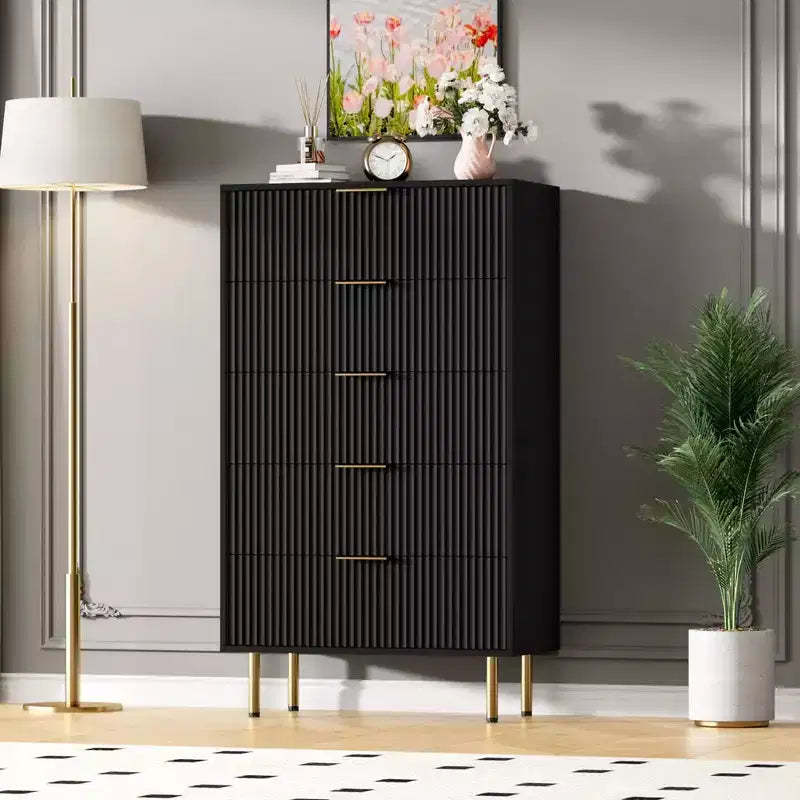 Garvee Fluted Wood Dresser 5 Drawers Dresser for Bedroom, Modern White Tall Dresser with Gold Handle, Wood Drawer Organizer for Living Room, Hallway