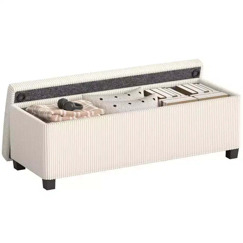 HOMCOM 44 Inches Storage Ottoman Bench, Corduroy End of Bed Foot Rest with Lid, Legs, Storage Chest for Living Room, Bedroom, Entryway, Beige