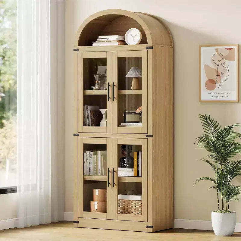 71.4in Tall Wooden Arched Bookshelf with Doors Farmhouse Rounded Bookcases for Living Room, Kitchen, Office (Natural)