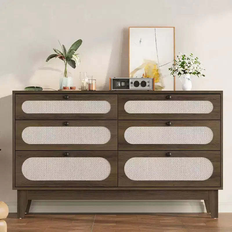 Rattan Nightstand Bedside Table, Modern Side Table with 6 Drawers, Narrow Chests of Drawers, End Tables for Bedroom, Living Room
