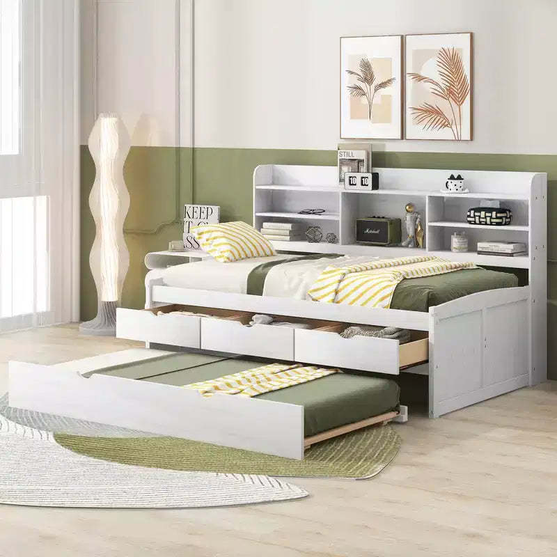 Twin/Full Size Wooden Captain Bed with Built-in Bookshelves,Three Storage Drawers and Trundle - ModernLuxe