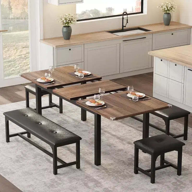 63'' Extendable 5-Piece Dining Table Set With 2 Benches and 2 Square Stools for 4-8 People, Perfect for Small Space, Walnut