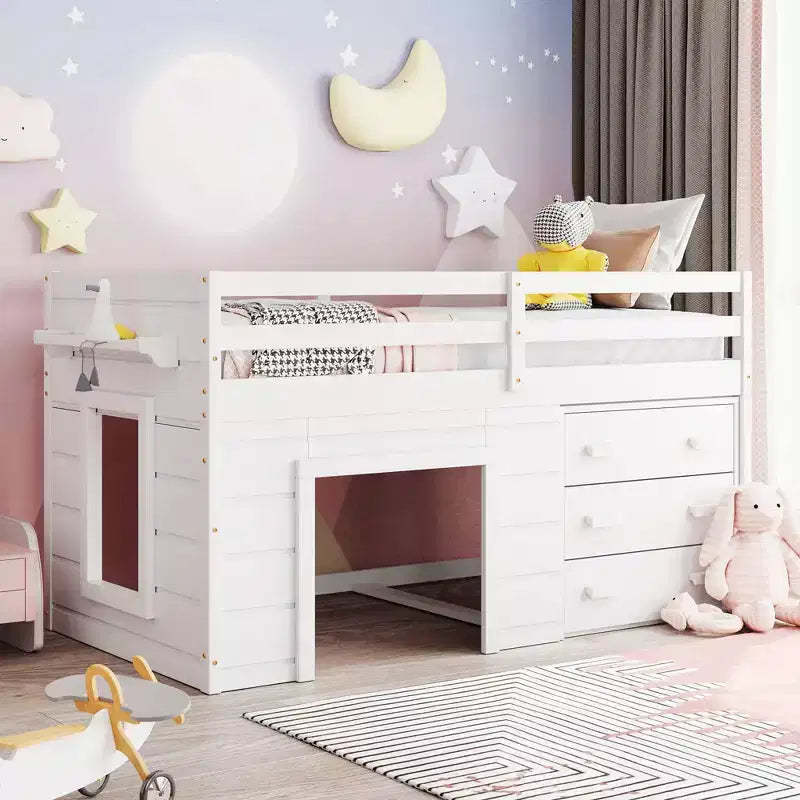 Whisen 77.4L x 40.5W Modern Design Twin Size Loft Bed with Cabinet and Shelf, Designed for your safety
