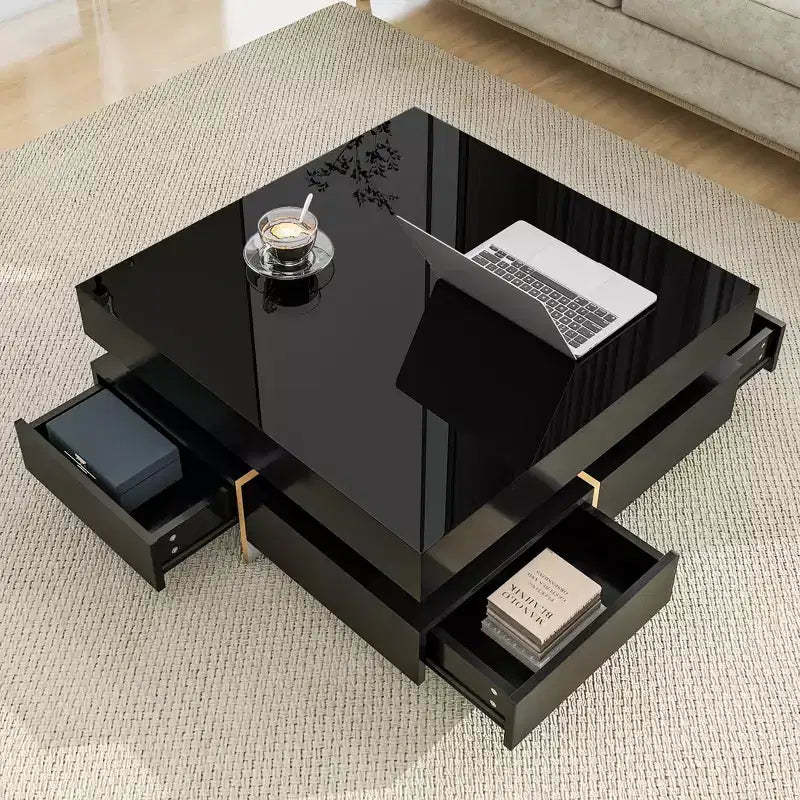 Modern High Gloss Coffee Table with 4 Drawers, Multi-Storage Square Cocktail Tea Table, Wood Grain Legs, 31.5x31.5', Black