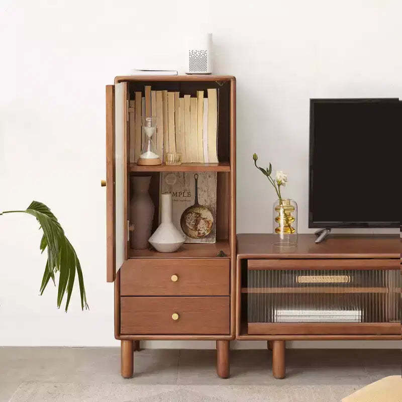 GDFStudio Denise 37.4H Glass Door Pine Storage Cabinet with Shelve and Two Drawers