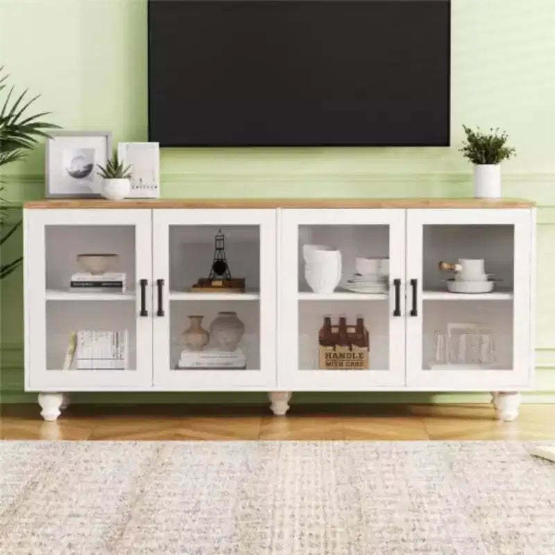 70 Farmhouse TV Stand with Glass Doors, Sideboard with Shelves, 5-Wood Leg Buffet for Living Room