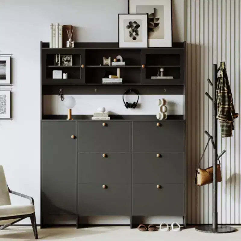 Six-Drawer Hall Tree with Tipping Buckets, Glass Doors, and 4 Hooks - Foyer Storage for Hallway