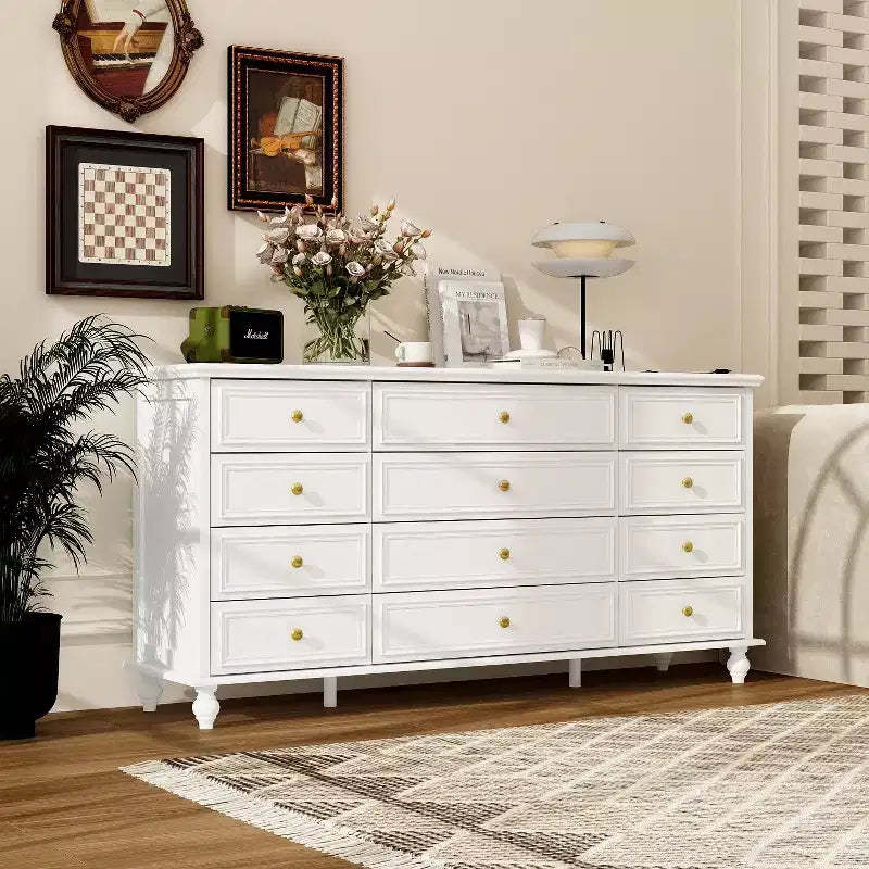 Hitow 12 Drawer Horizontal Dresser Gold Metal Pulls Chest of Drawers