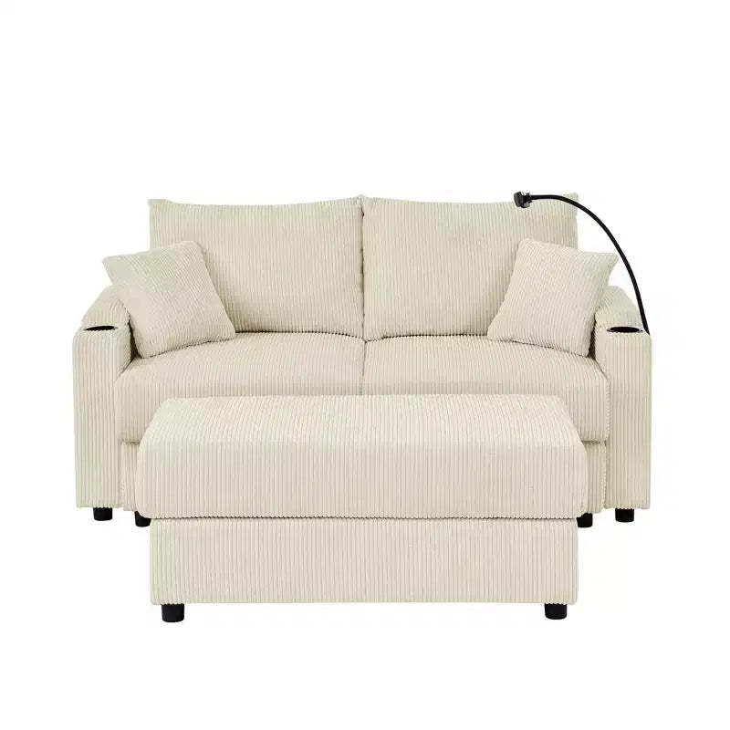 GDFStudio Jean Modern Corduroy 73 Loveseat with Cup Holders, Armrest Storage, Mobile Phone Holder and Ottoman