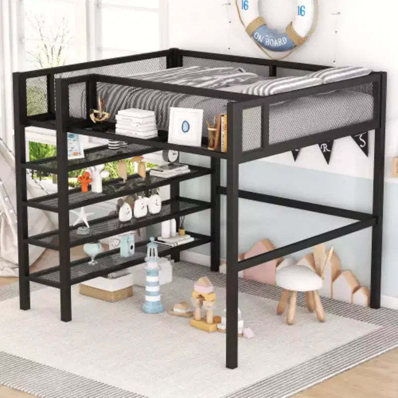 Metal Loft Bed with 4 Layers of Shelves, Full Size Mattress