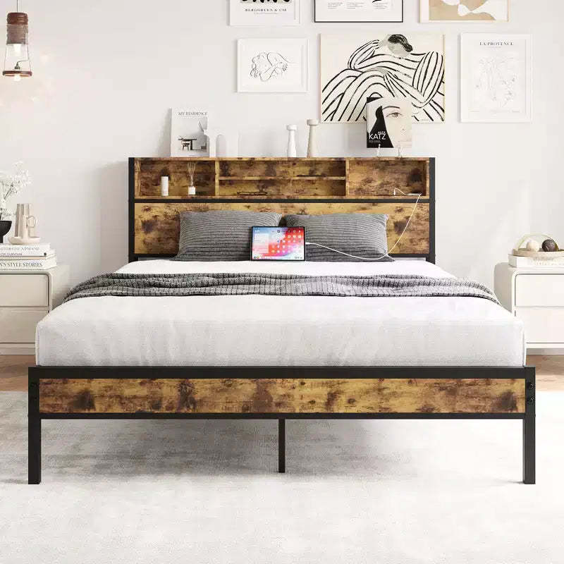 Queen Metal Bed Frame: Storage Headboard, Charging Station, Bookcase, No Box Spring, Easy Assembly, Black