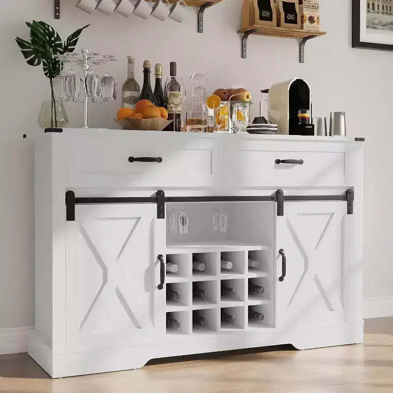 Heynemo Farmhouse Buffet Cabinet with Storage, Sliding Barn Door, Wine & Glass Rack, Storage Shelves, for Kitchen, Dining Room