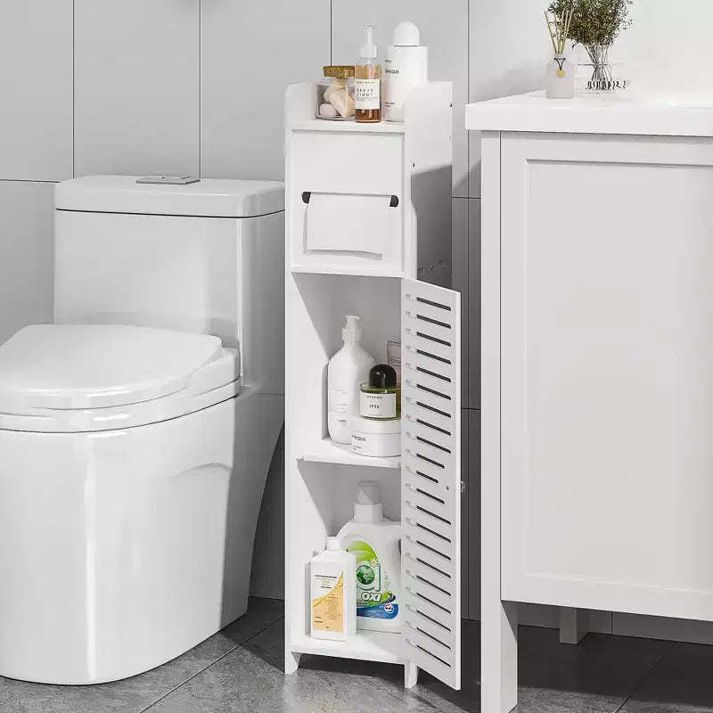 VECELO Bathroom Corner Shelf Storage, Waterproof Corner Cabinet with Toilet Paper Roll, Narrow Storage Organizer for Small Spaces, White