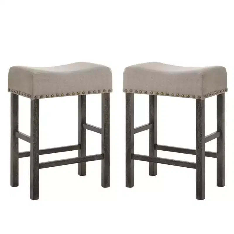 Simple Relax Set of 2 Linen Upholstered Counter Height Stools in Tan and Weathered Gray