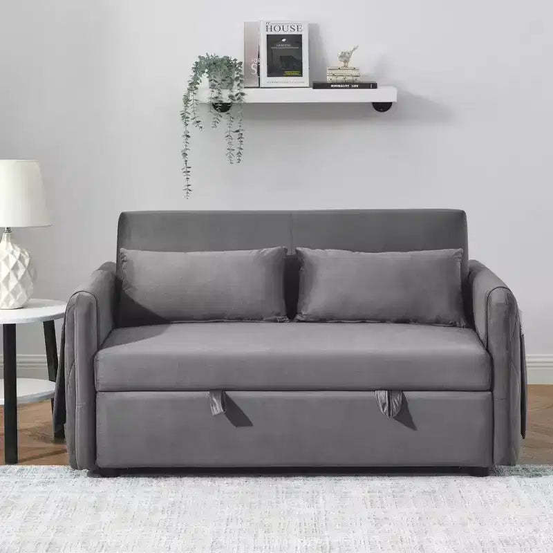 MAYEERTY 55 Modern Convertible Sofa Bed Velvet Loveseat 2 Detachable Arm Pockets Pull Out Bed 2 Pillows Adjustable Backrest Grid Armrests
