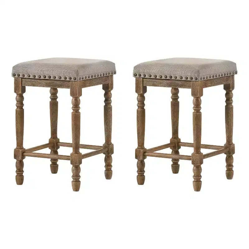 Simple Relax Set of 2 Fabric Upholstered Counter Height Stools in Weathered Oak and Beige