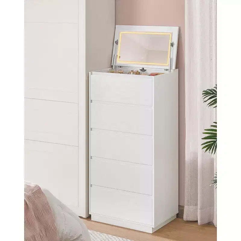 5-Drawer Dresser with Vanity Mirror and Touch Control Adjustable Lights, Modern Chest of Drawers for Bedroom, Sturdy Storage Furniture, Snow White