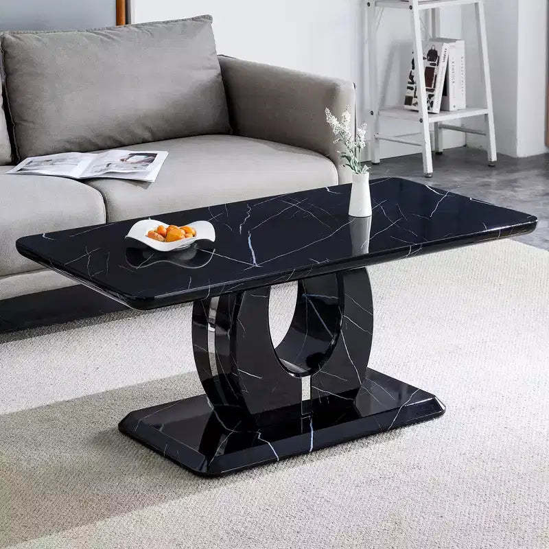 43W Coffee Table Cocktail Table Center Table, Marble Pattern/Wood Texture, Minimalist, White/Black/Walnut-ModernLuxe