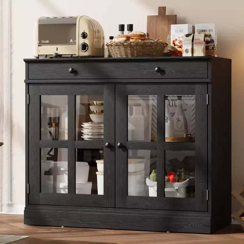 35.4 Sideboard Buffet Cabinets with Storage, Kitchen Coffee Bar Cabinet with Glass Door, Modern Sideboard Buffet with Drawer, White Sideboard Cabine