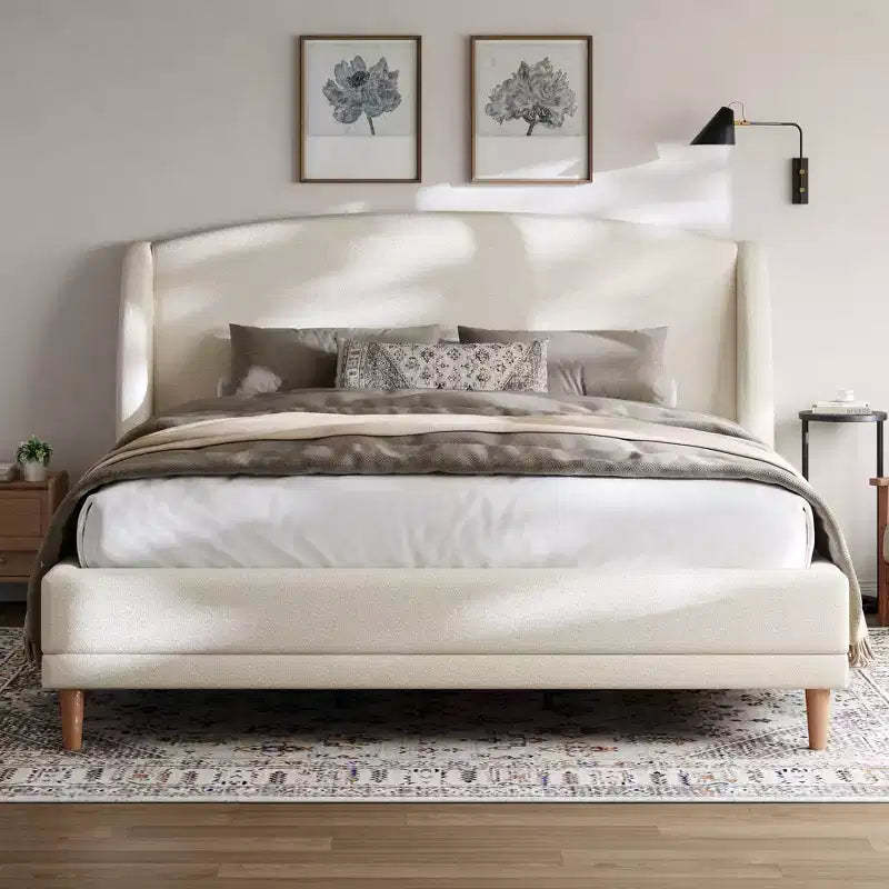 Christopher Knight Home Nicky Boucle Upholstered Platform Bed with Wingback Headboard, White