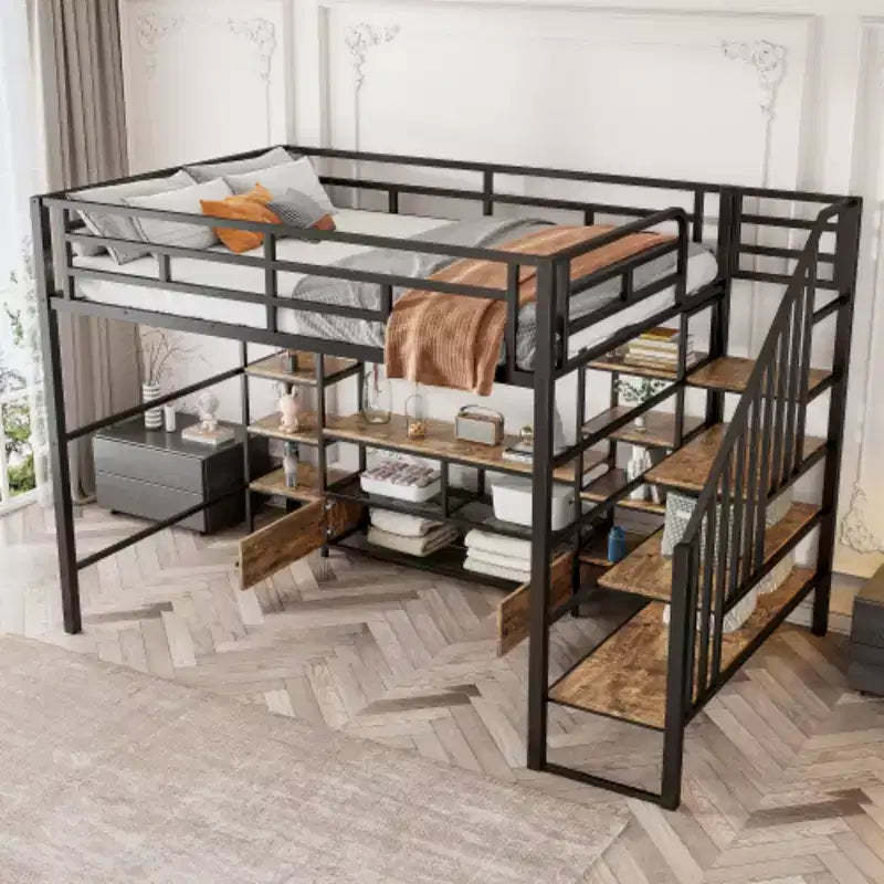 Full Size Metal Loft Bed with Staircase,Low Storage Table and Storage Shelves,Black