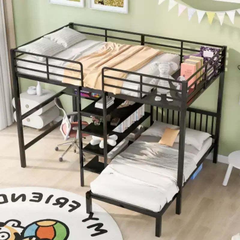 Full/Twin Bunk Bed with Built-In Desk: Black, Metal, Shelves