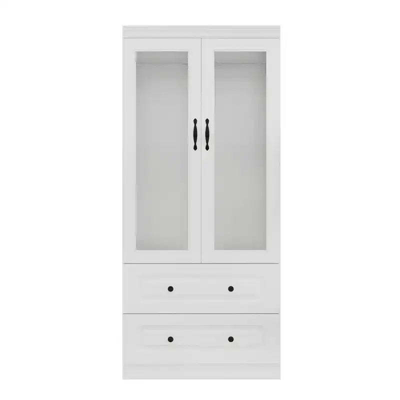 Keloyid White Wood 31.5 in. Armoire with 2 Drawers and 2 Glass Doors
