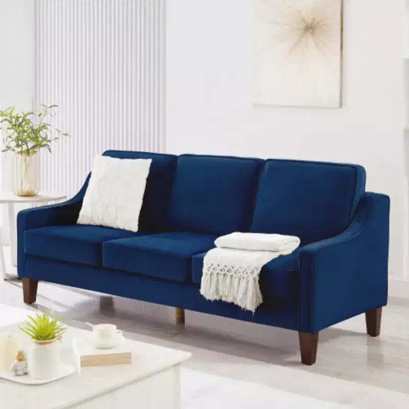 Contemporary 3-Person Sofa: Navy Velvet, Scooped Armrests, Wood Legs, Washable Cushions