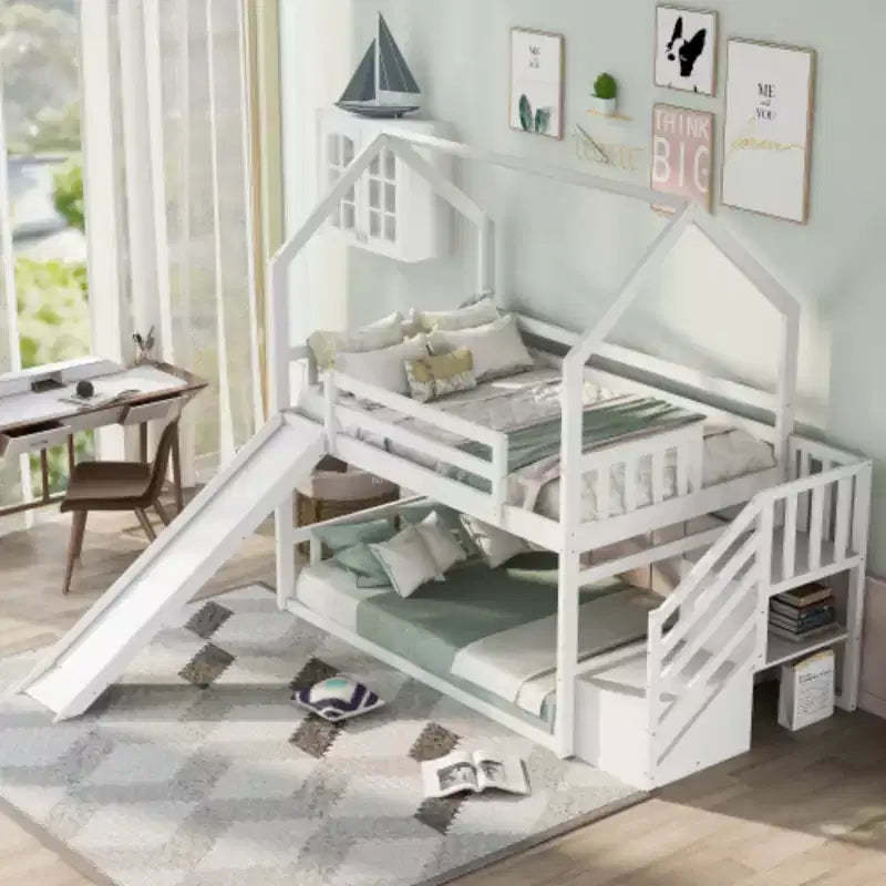 White Twin over Twin House Bunk Bed with Convertible Slide and Storage Staircase