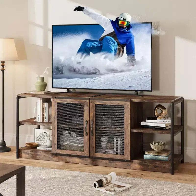 Farmhouse TV Stand for 65/75 inches TVs, Entertainment Center with Storage Cabinet and Mesh Doors, Industrial TV Media Console Cabinet Table