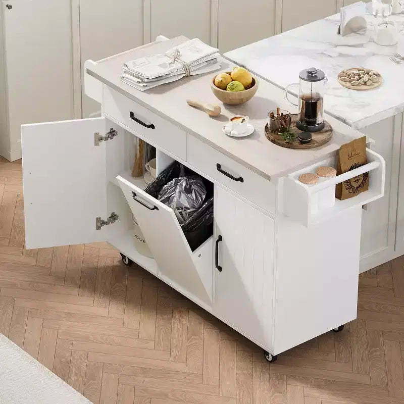 White Kitchen Island with Trash Can Storage Cabinet Kitchen Cart on Wheels with Drop Leaf Rolling and Adjustable Shelf
