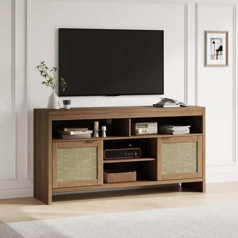 Rattan TV Cabinet, 58 Inch Wooden TV Stand with 4 Open Shelves and 2 Door Cabinets, Farmhouse Entertainment Center