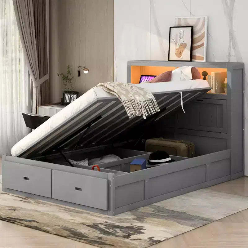 Full/Queen Size Hydraulic Platform Bed with Storage LED Headboard, Charging Station, 2 Drawers and Under-Bed Storage Space, White/Gray-ModernLuxe