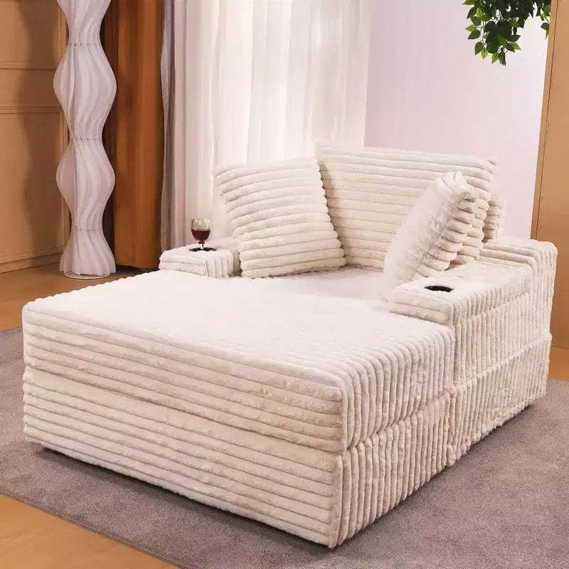 WhizMax Chaise Lounge Chair Indoor with Storage Ottoman, Upholstered Corduroy Sofa Bed Cloud Couch with 3 Pillows for Living Room, Bedroom (Beige)