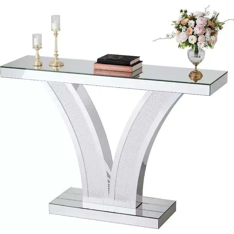 Lantine Mirrored Console Table, Modern Sliver Entryway Sofa Table with Crystal Inlay Frames