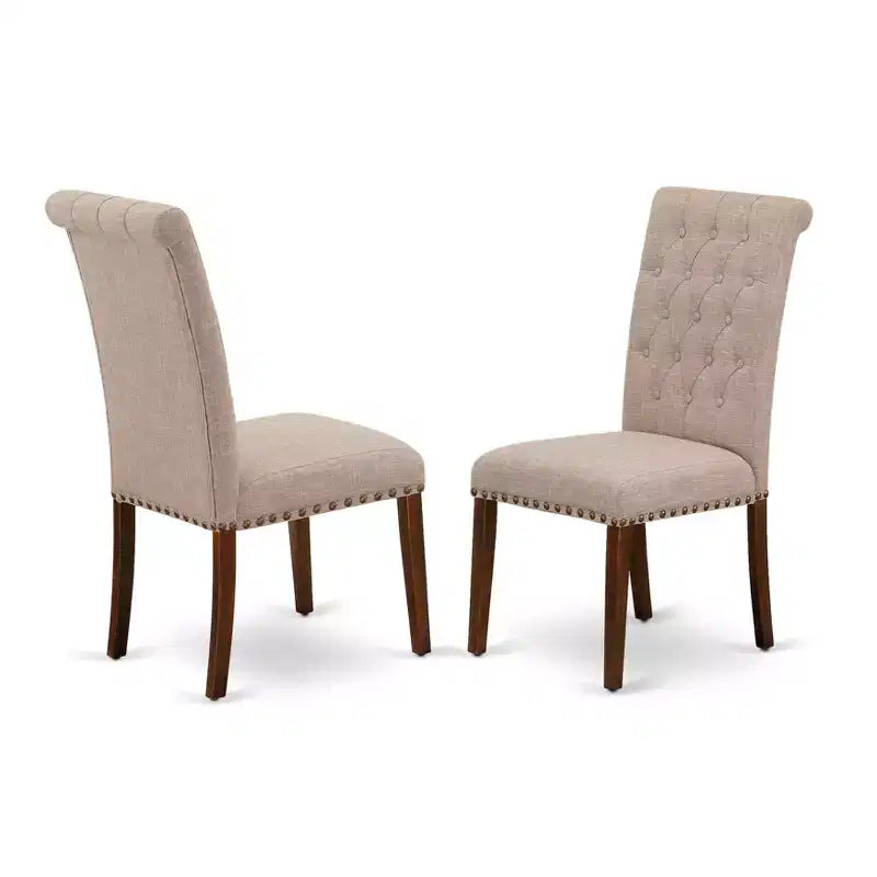 HomeStock Bremond Parson Dining Chairs Button Tufted Nailhead Trim Light Tan Linen Fabric Set of 2 Mahogany